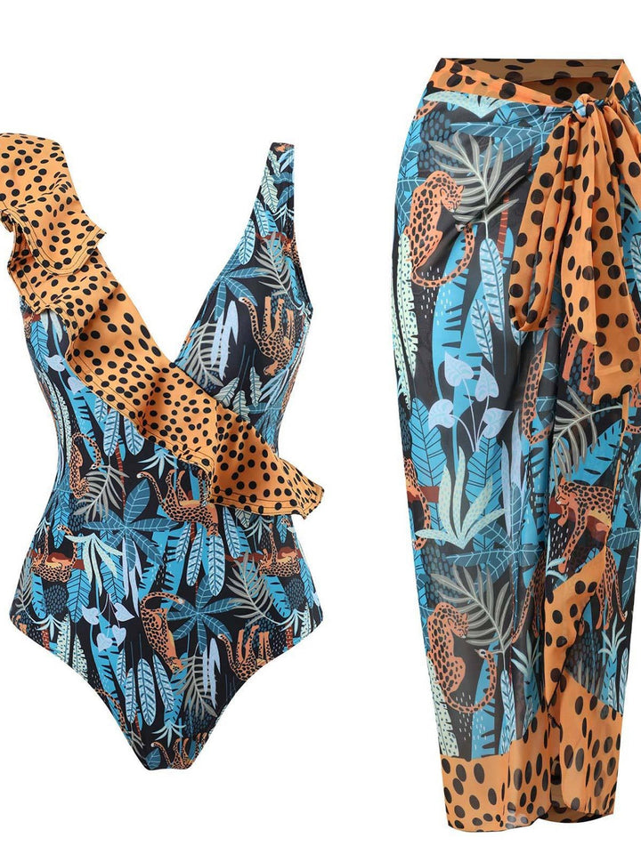 Damer elegant one-piece badedragt med flæsedetaljer og matchende omslagsskørt Stilla
