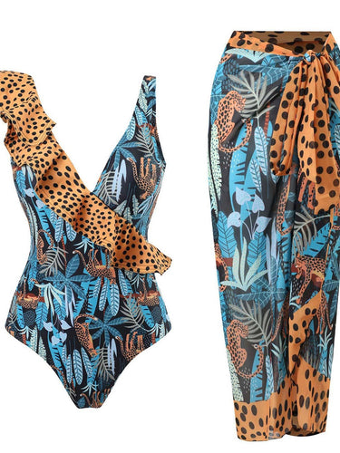 Damer elegant one-piece badedragt med flæsedetaljer og matchende omslagsskørt Stilla