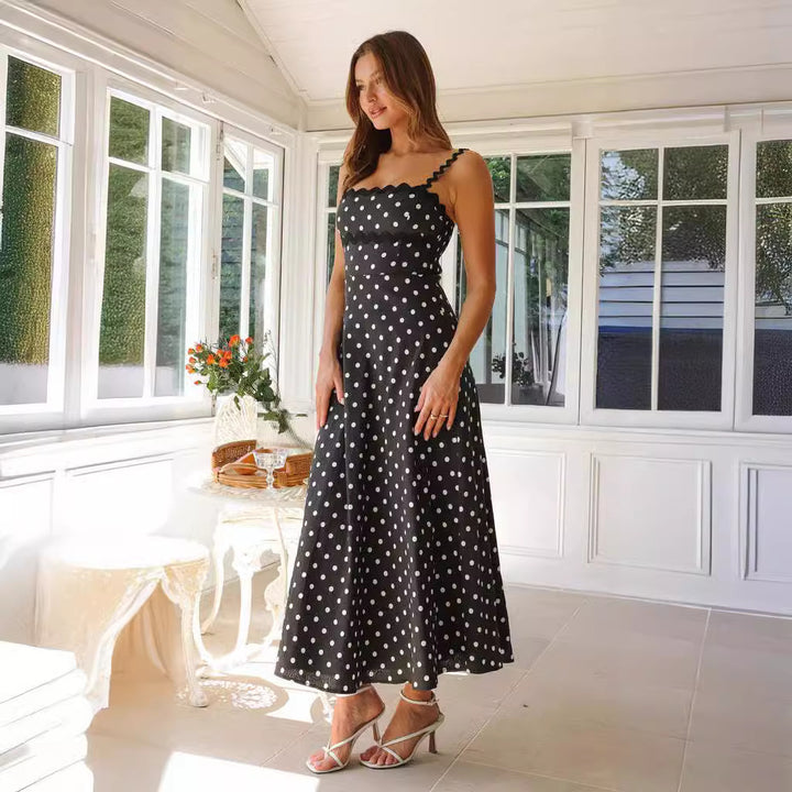 Dame maxikjole med blonder og legende polka-dot mønster Skovae