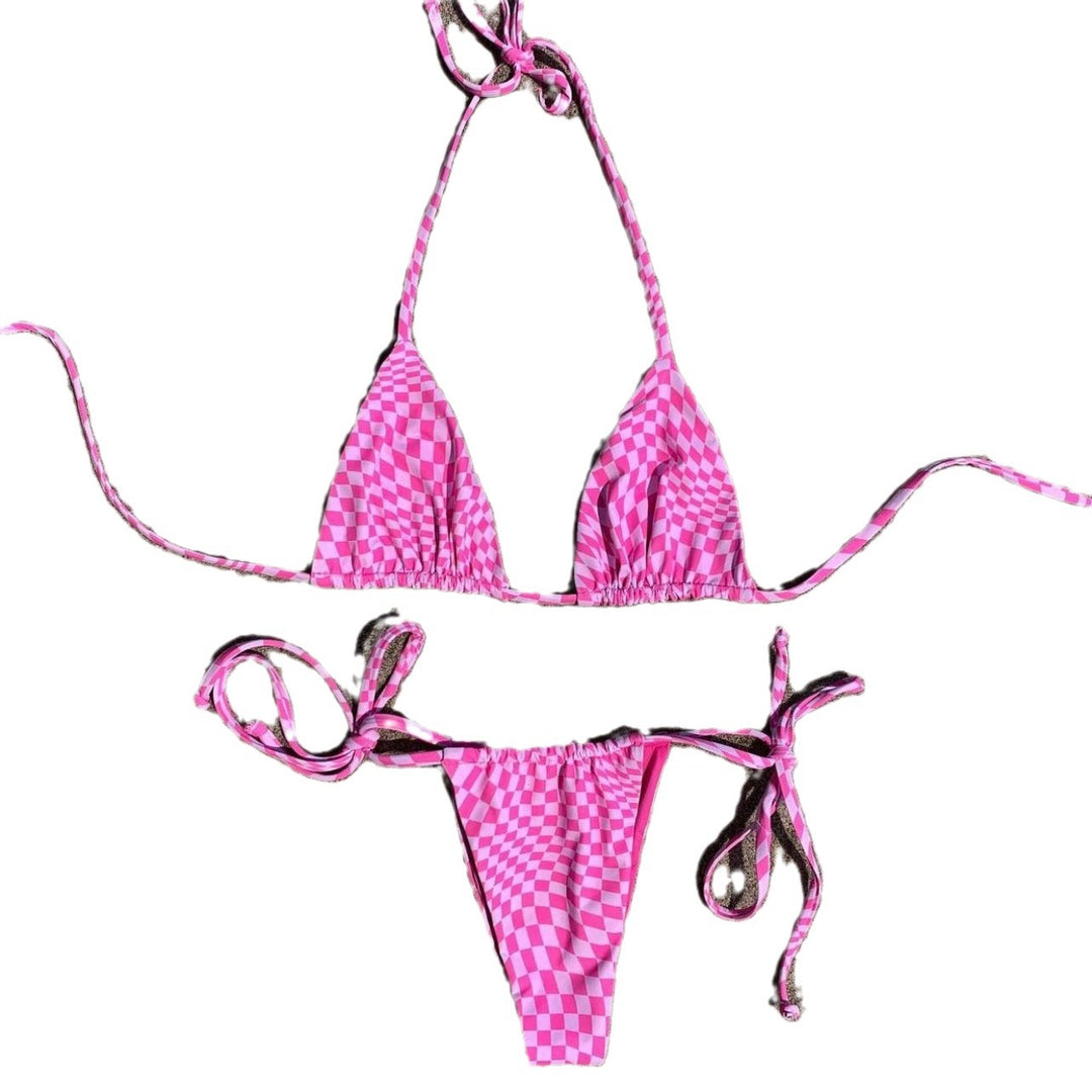 Dame Triangel-Bikini-sæt med trendy ternet mønster og justerbare stropper Stilla