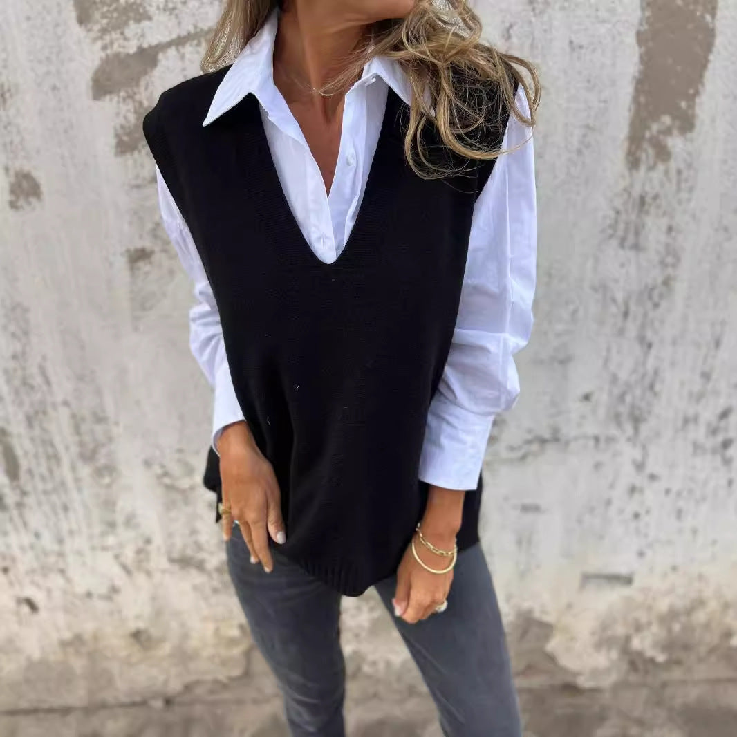 Dames elegant strikvest med V-hals og fine rib detaljer Stilla