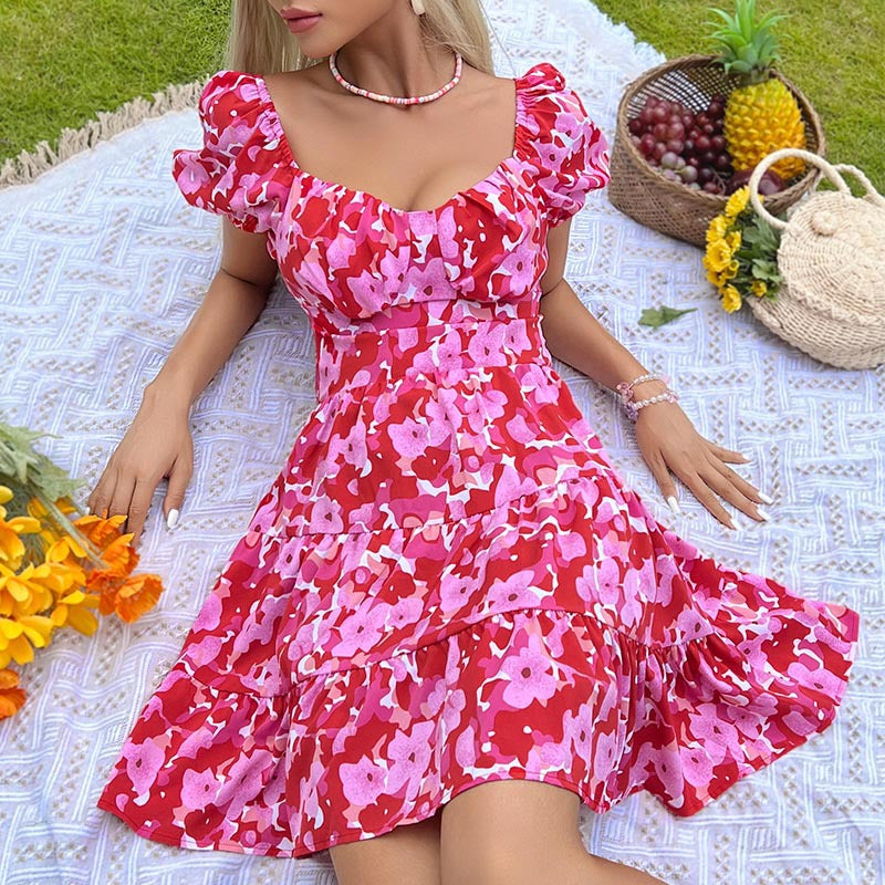 Dame Floral Print Lagdelt Mini Kjole med Puffærmer Stilla