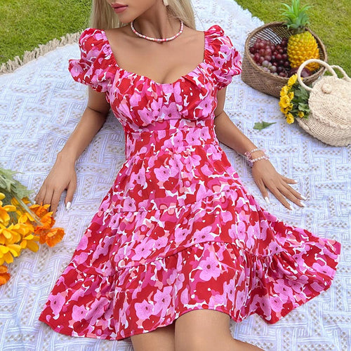 Dame Floral Print Lagdelt Mini Kjole med Puffærmer Stilla