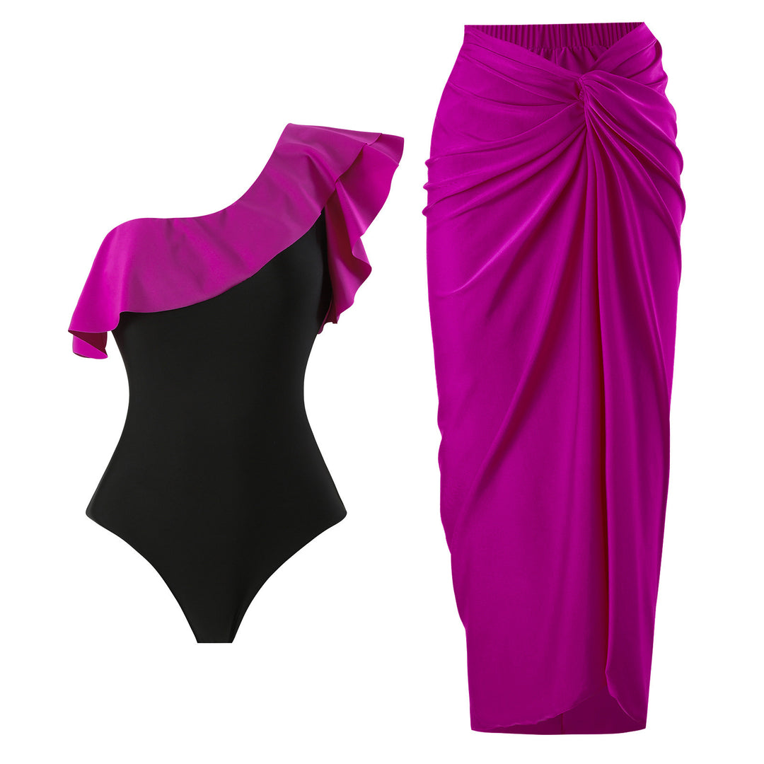 Dame elegant heldragt badedragt med asymmetrisk ruffles design og matchende omslagsskørt Stilla