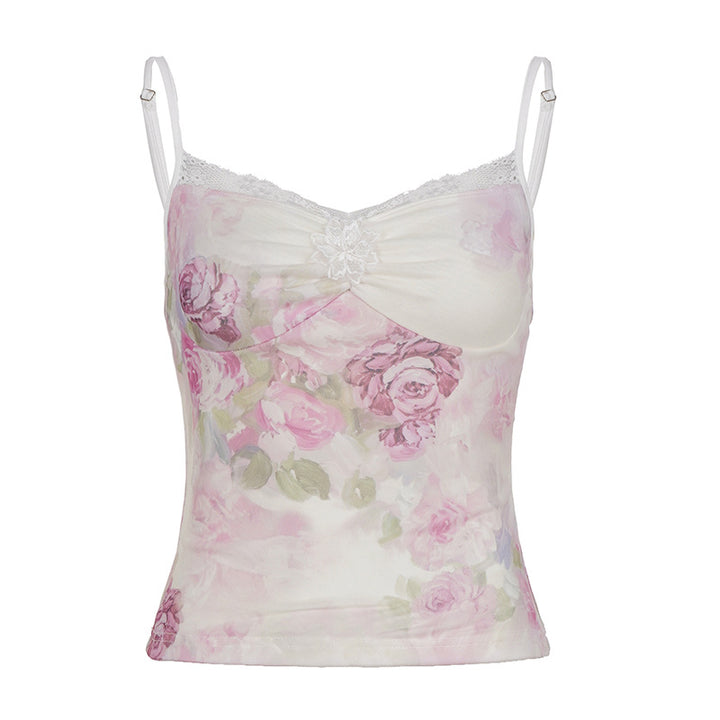 Dame Charmerende Spaghetti-strop top med blomstermotiv og lace accenter Skovae
