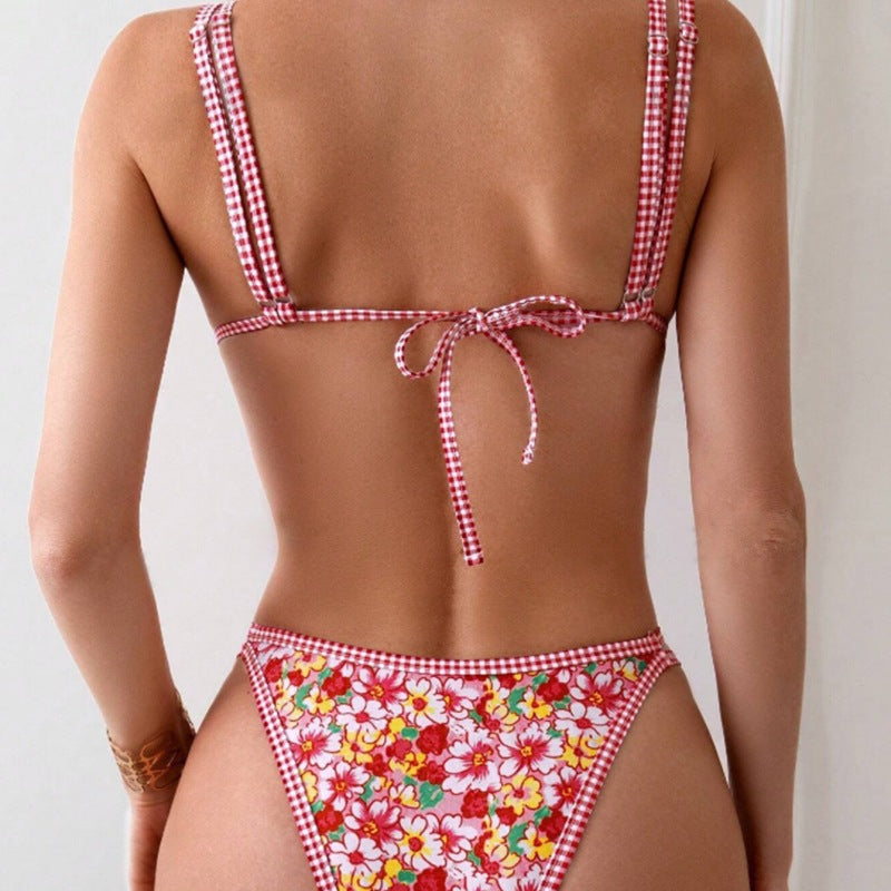 Dame bikini-sæt med blomstret design og ternet top Stilla