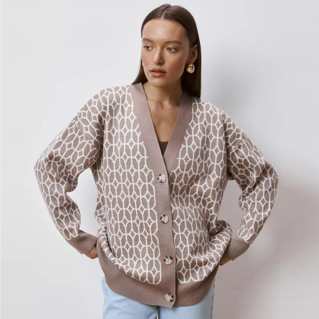Dame strikk cardigan med moderne geometrisk mønster og behagelig pasform Stilla