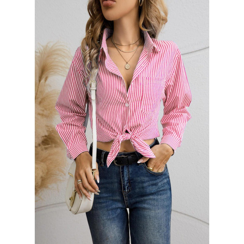 Dame kortærmet knuded blouse med stribemønster Stilla