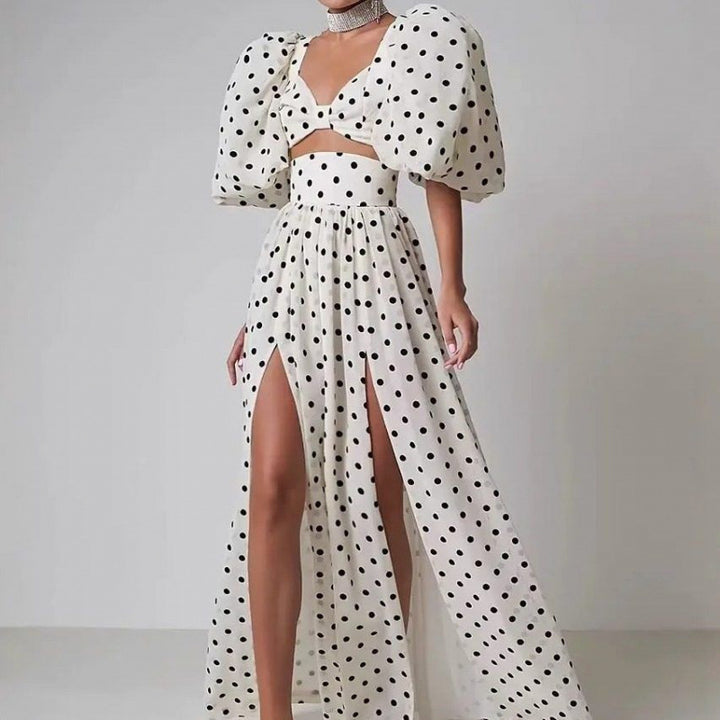 Femme Elegante Polka Dot To-dels Maxi Kjole med Puffærmer Stilla