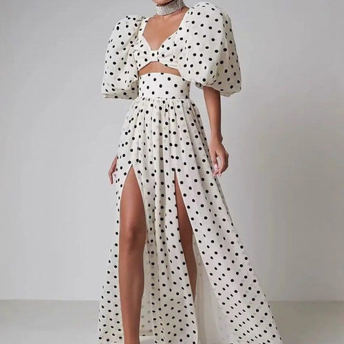Femme Elegante Polka Dot To-dels Maxi Kjole med Puffærmer Stilla