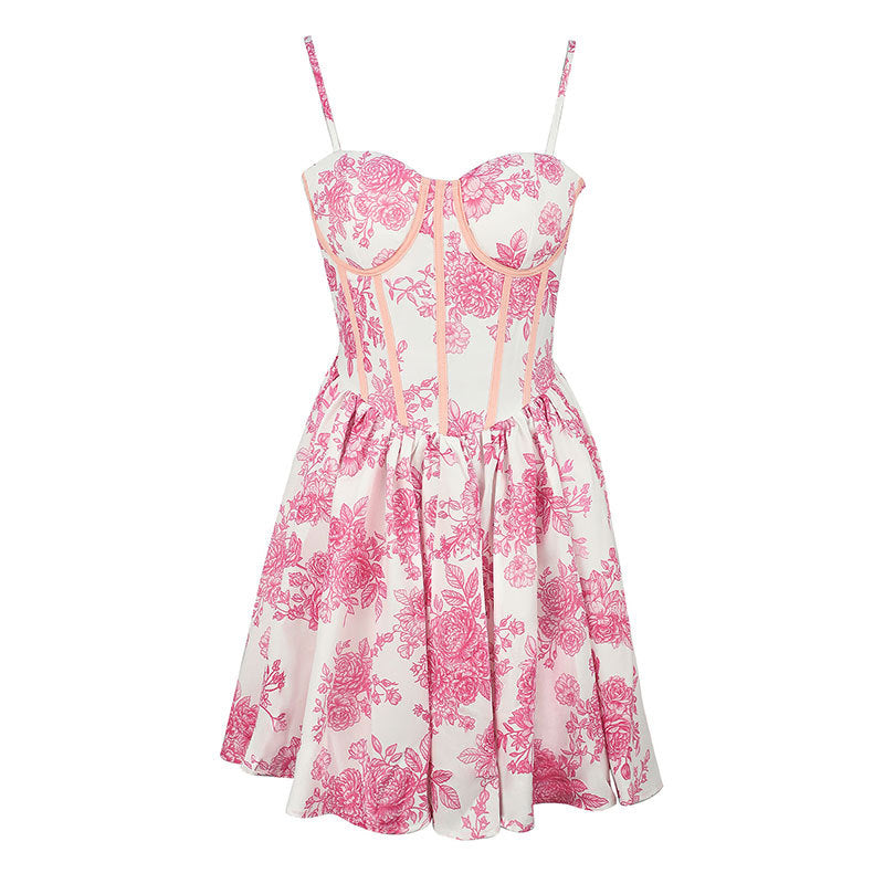 Dame blomsterkjole med corset-top og svingende skirt Skovae