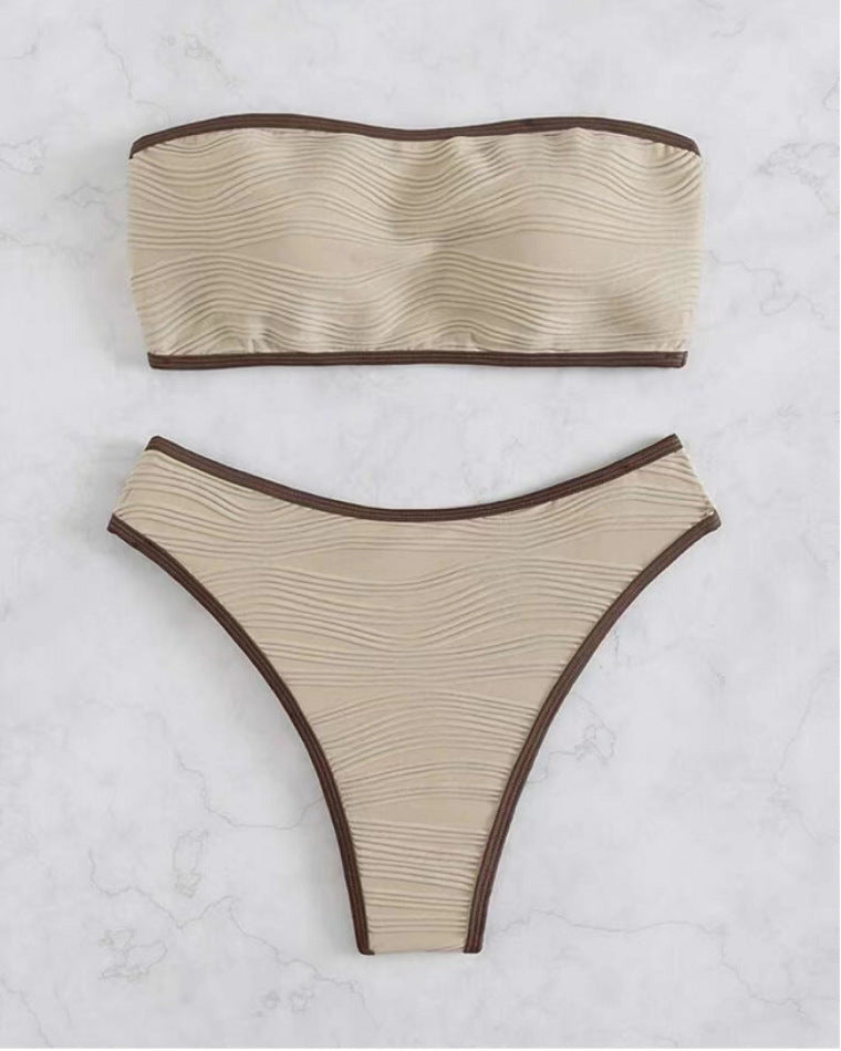 Dame Bandeau-bikini med struktureret top og høj udskæring Stilla