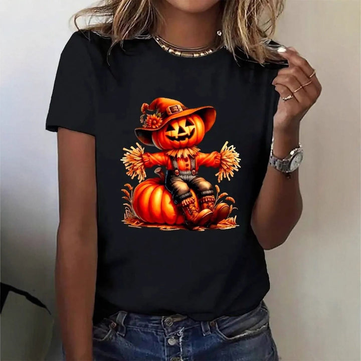 Dame T-shirt med stilfuldt græskar-motiv og spændende dyreprint Skovae
