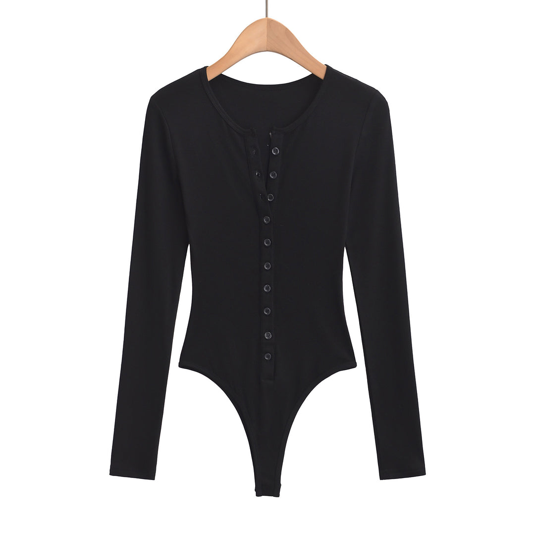 Dame Langærmet Bodysuit med knapliste og elegant rund halsudskæring Stilla