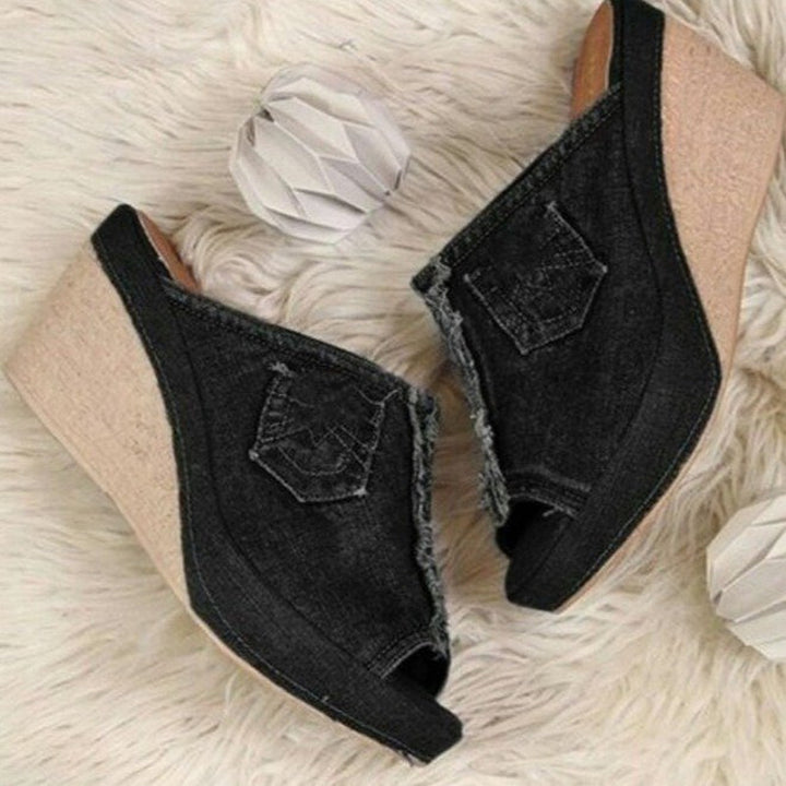 Dame hæl-pantoletten med moderigtigt denim-design Stilla