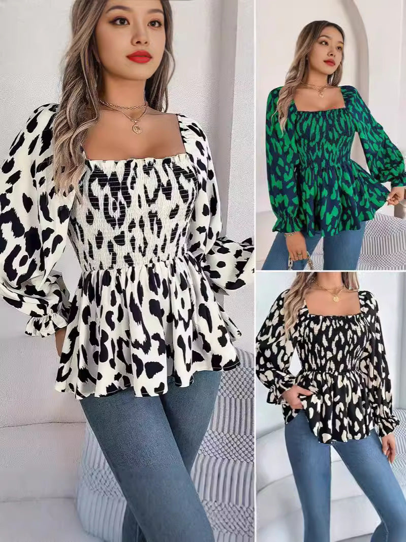 Dame bomuldsbluse med flæser og puffærmer Stilla