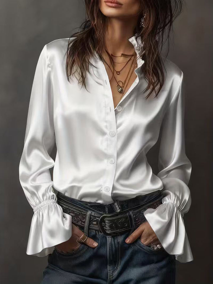 Dame Elegant silke bluse med rynker ved ærmerne Skovae