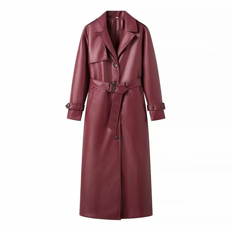 Dame elegant trenchcoat i kunstlæder med taljebælte Stilla