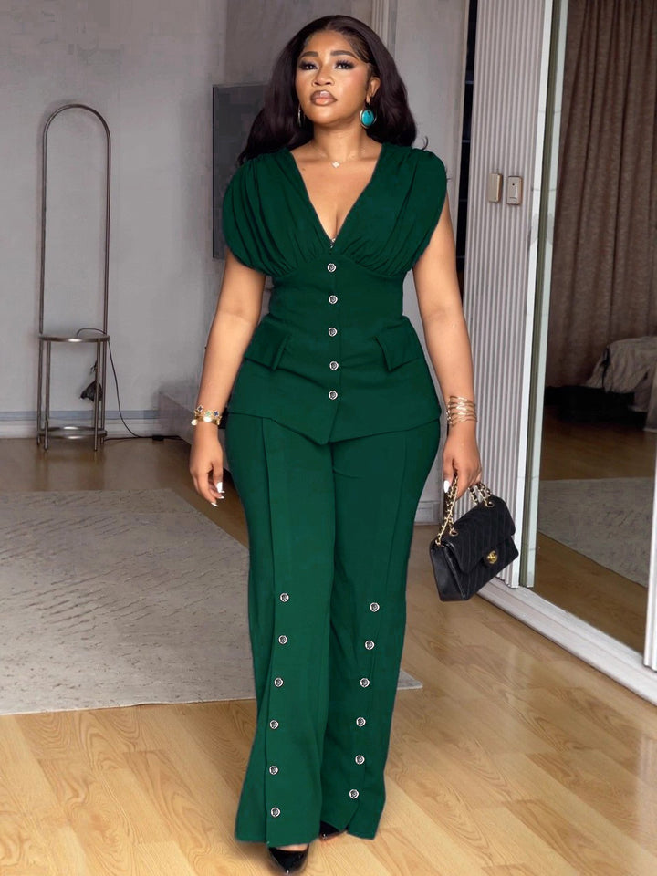 Dame elegant jumpsuit med dyb V-udskæring og iøjnefaldende knapdetaljer Skovae