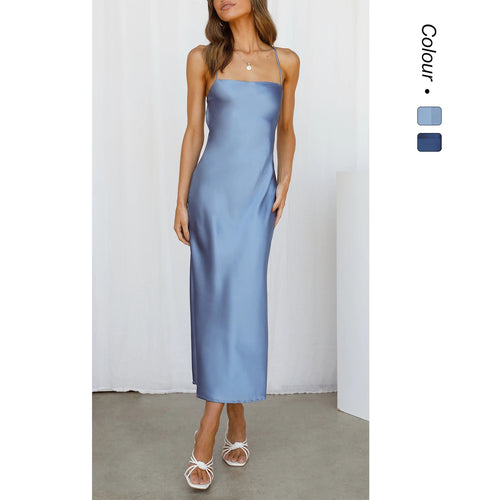 Women's Satin Maxi Dress with Spaghetti Straps and Elegant Cut Skovae
