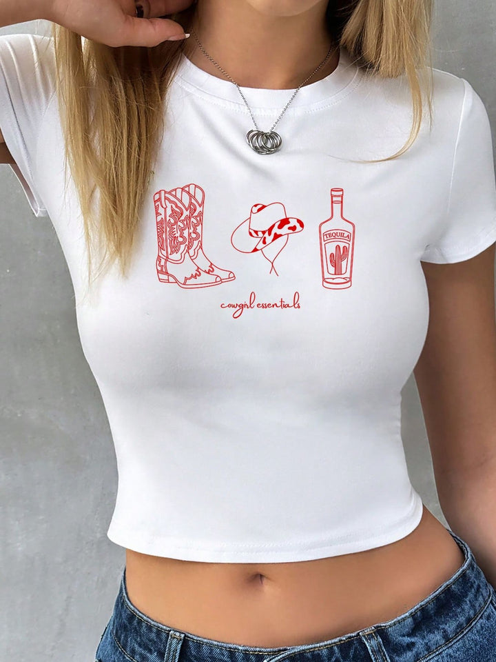 Dame Crop-T-Shirt med kreativt cowboy-design Skovae