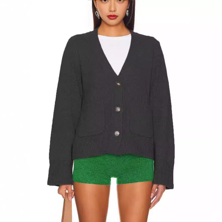 Femme Cozy V-Udskæring Knap-Op Strik Cardigan Stilla