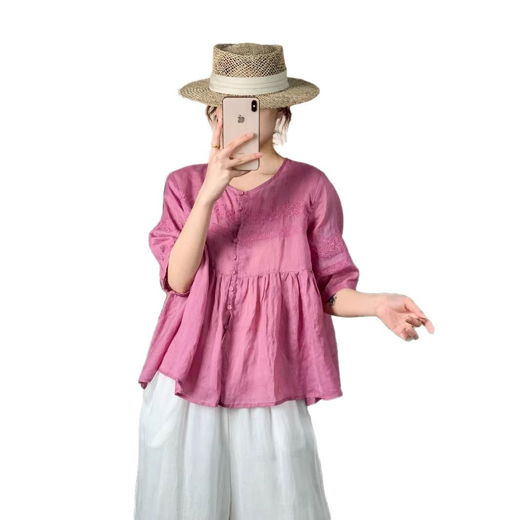 Femme Let knapåbning bluse med kompleks broderi Stilla