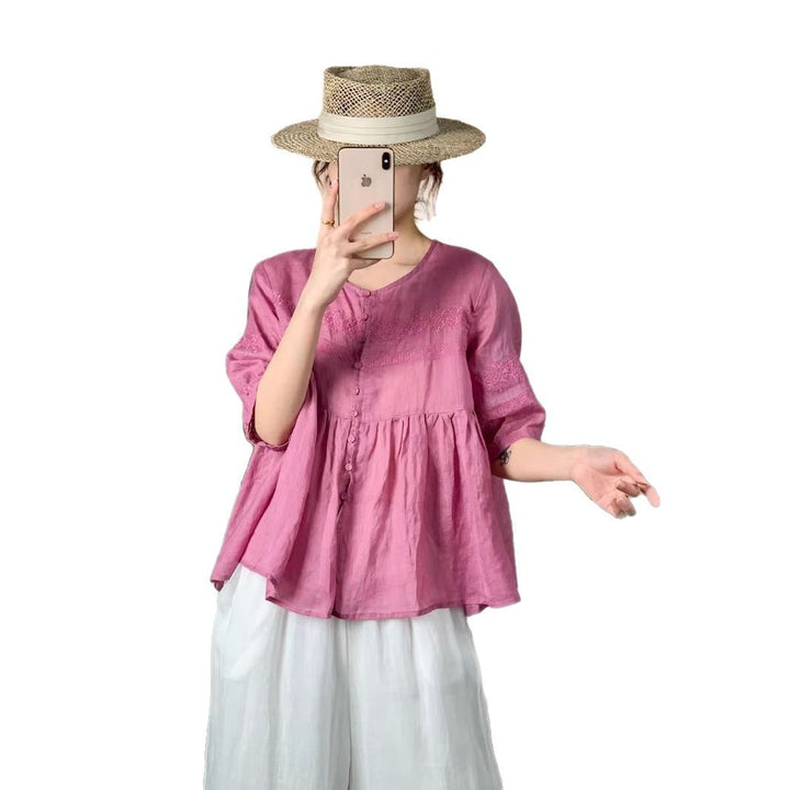 Femme Let knapåbning bluse med kompleks broderi Stilla