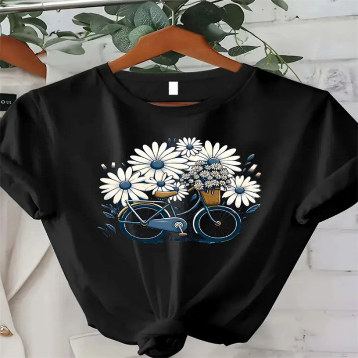 Dame T-shirt med kreativ blomsterdesign og cykelmotiv Stilla