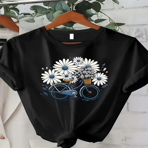 Dame T-shirt med kreativ blomsterdesign og cykelmotiv Stilla