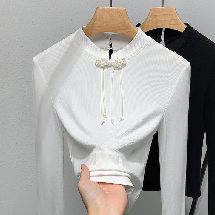 Dame Langærmet skjorte med elegant høj krave og unikt blomster-detalje Stilla