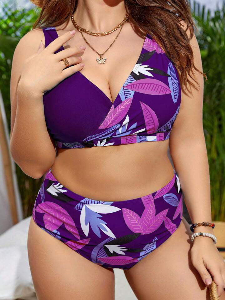 Damer Højskåret Bikini med Vikledesign og blomster mønster Skovae