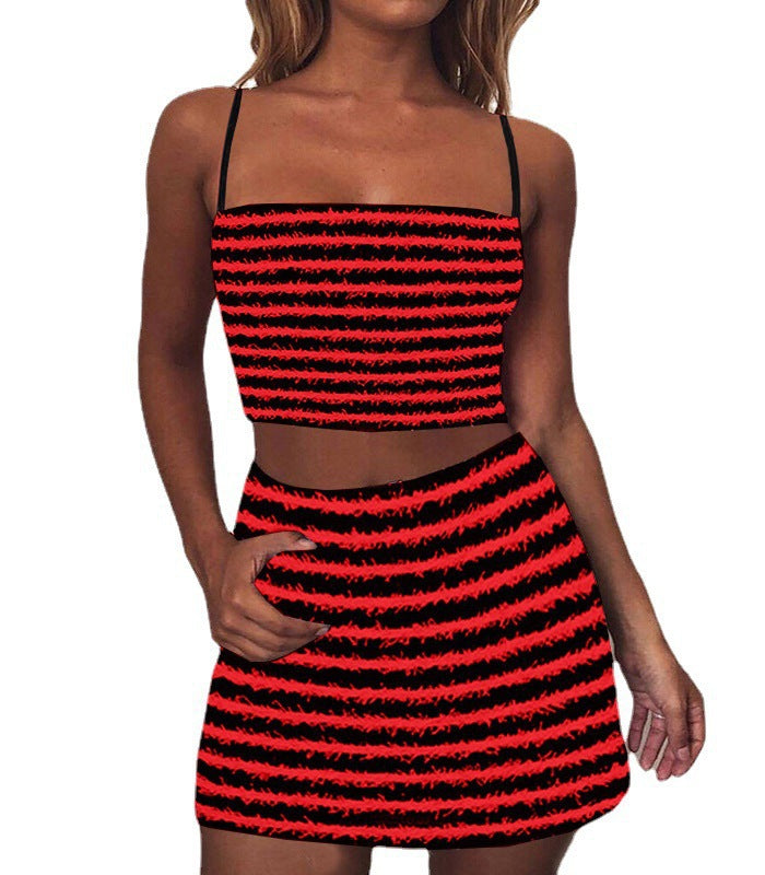 Dame stribet Crop Top og Mini skirt Sæt Stilla