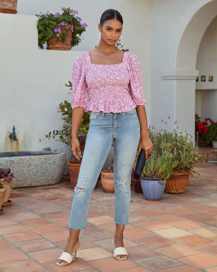 Dame Puffærmet Smocked Top Stilla