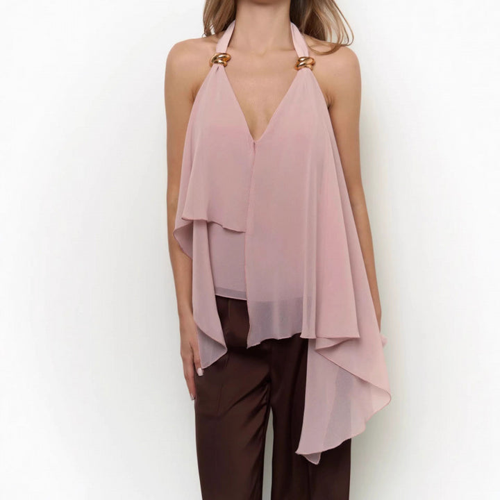 Dame chiffonbluse med asymmetrisk snit og glansdetaljer Skovae
