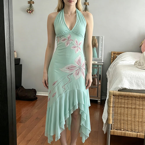 Dame Elegant Maxikjole med floral design og asymmetrisk kant Skovae