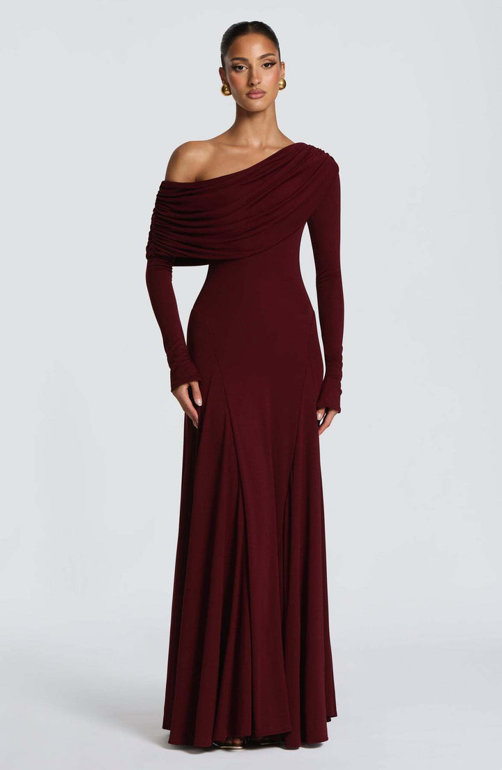 Kvinder elegante maxi kjoler med lange ærmer og asymmetrisk drapering Skovae