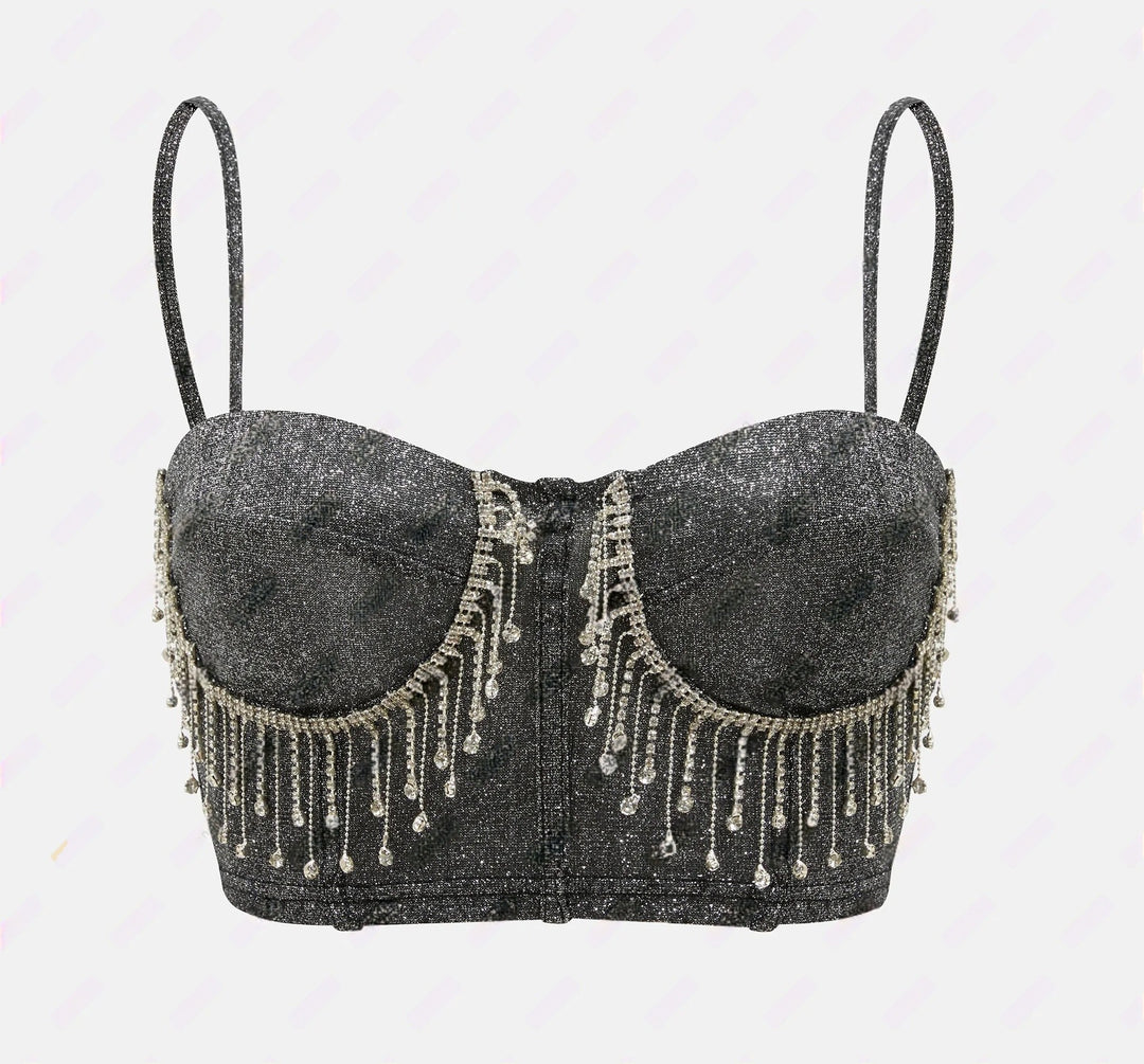 Damer Glitrende Bustier med Funklende Rhinestone Detaljer og Spaghetti Stropper
