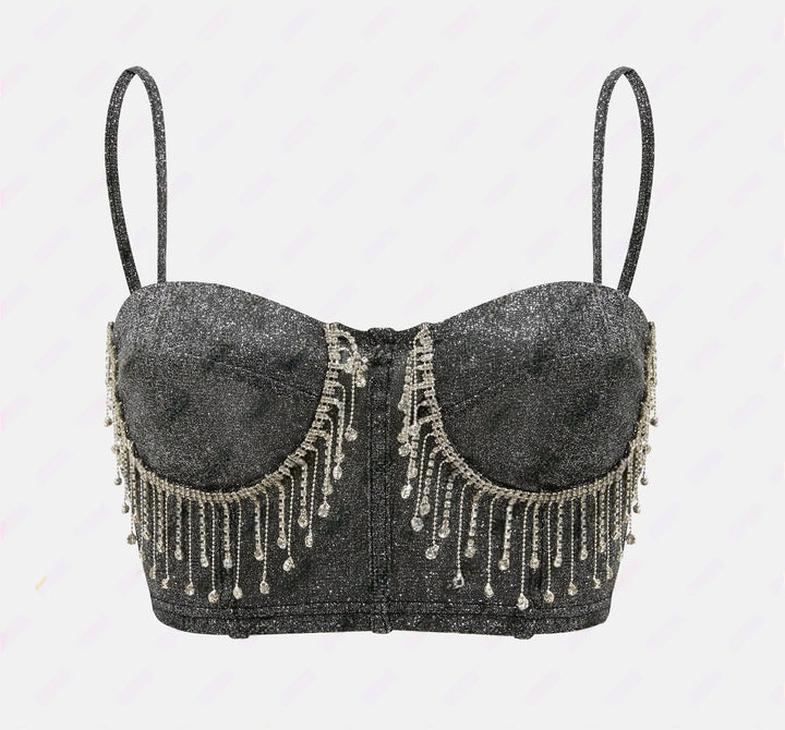 Damer Glitrende Bustier med Funklende Rhinestone Detaljer og Spaghetti Stropper