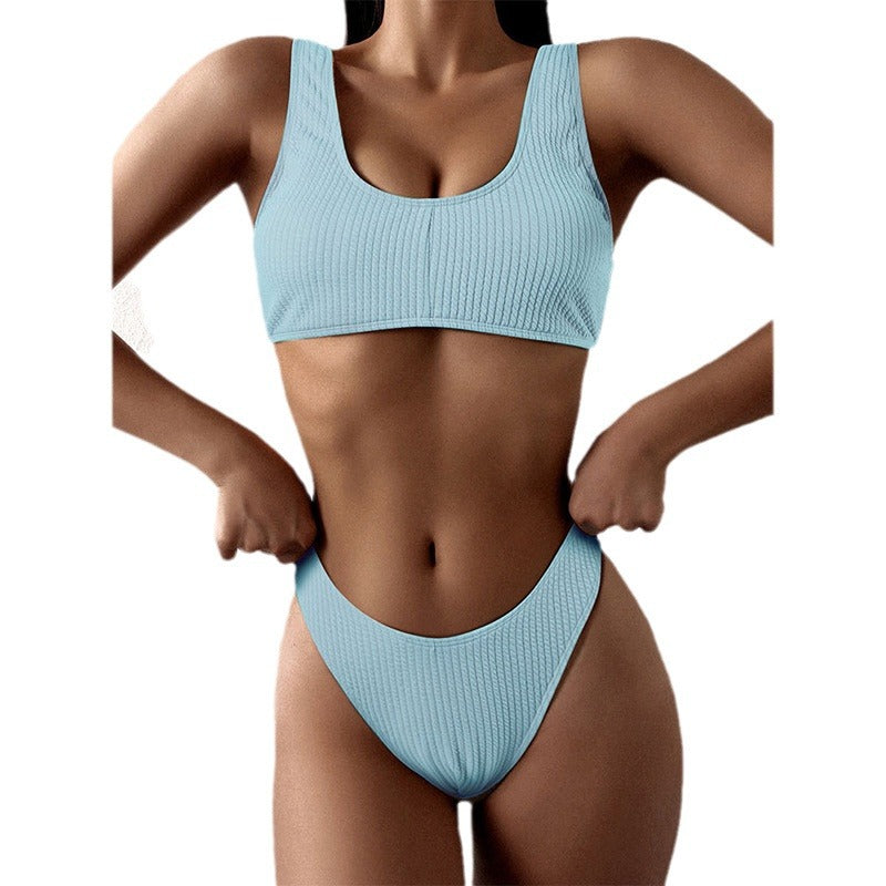 Dame Rib-Crop-Top og højt skåret bikini-bukser sæt Stilla