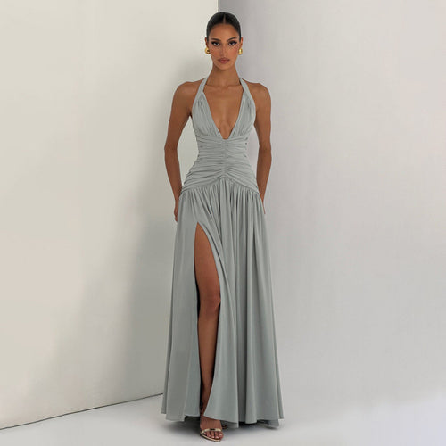Damen Maxikleid mit tiefem V-Ausschnitt und seitlichem Schlitz Skovae