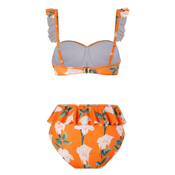 Dame bikini-sæt med blomster-rüschdesign og elegant indpakningsskørt Skovae