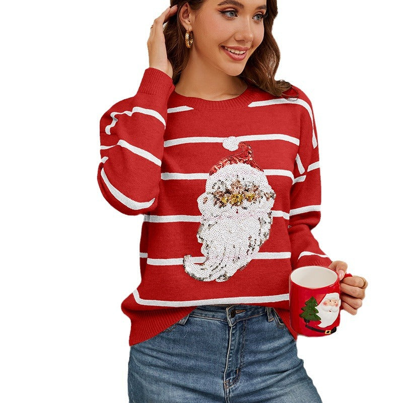 Dame julesweater med festlig julesvend-applikation og stribemønster Stilla
