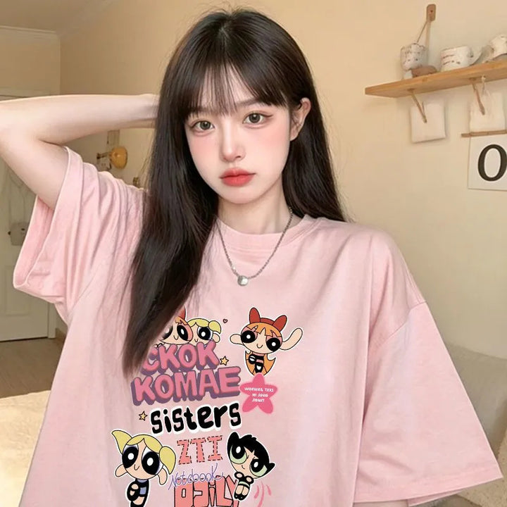 Dame T-shirt med kunstnerisk cartoon-print i afslappet oversized-snit Stilla