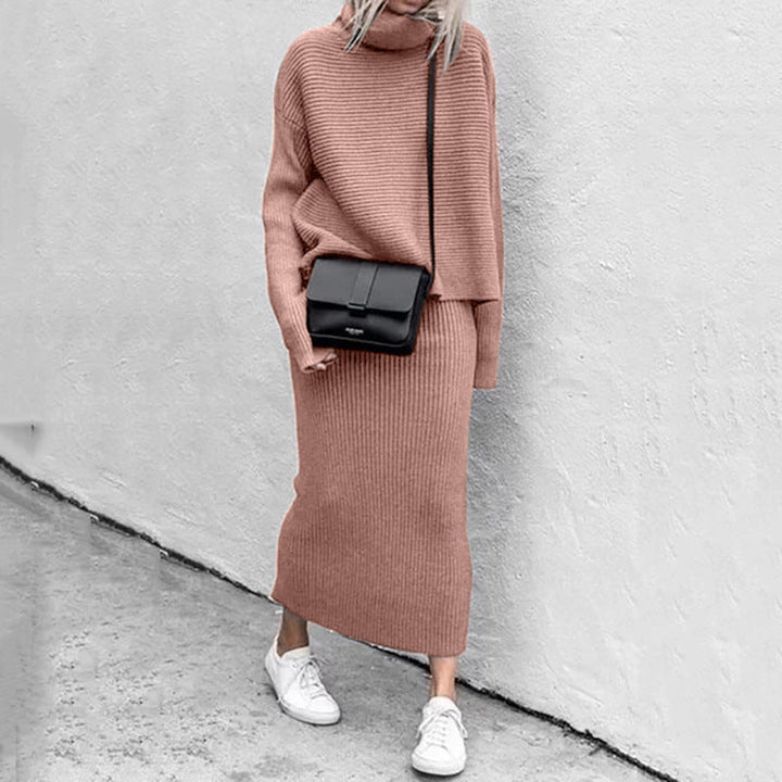 Stilla | Delt Outfit Solid Langærmet Turtleneck Striktrøje Og Bodycon Midi Nederdel Sæt