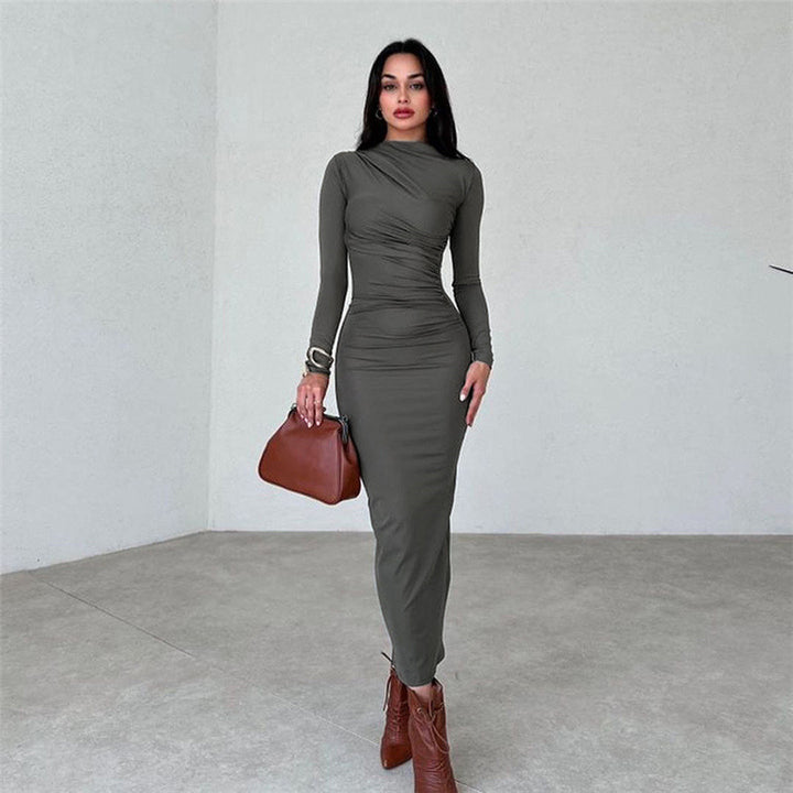 Dame elegant Langærmet Midi-Kjole med raffineret drapering Stilla
