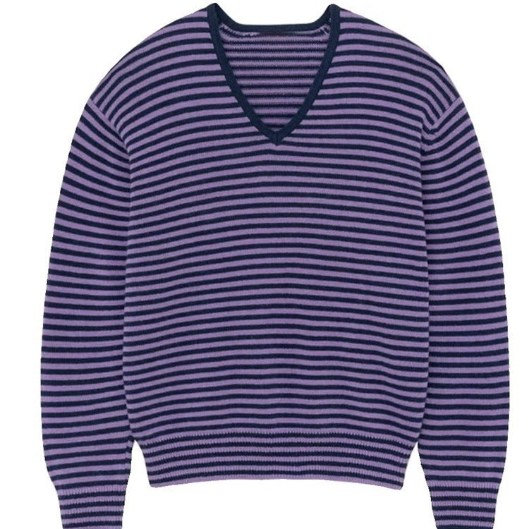 Dame stribet pullover med V-hals og blødt flydende materiale Stilla