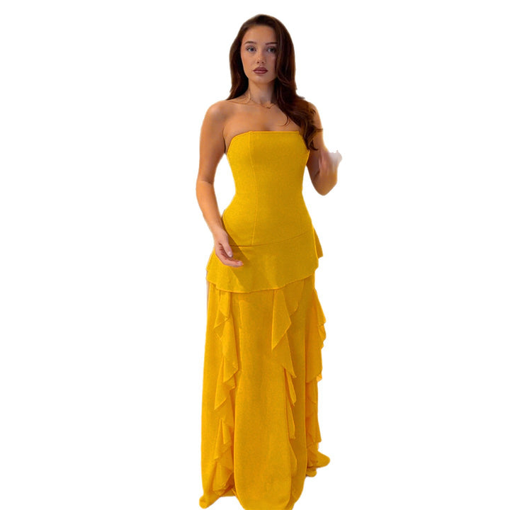 Damen elegantes Maxikleid mit Rüschendetails und figurbetonter Silhouette Skovae