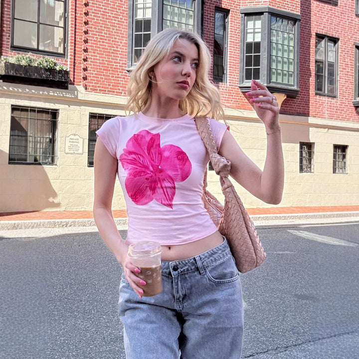 Dame T-shirt med blomsterprint Skovae