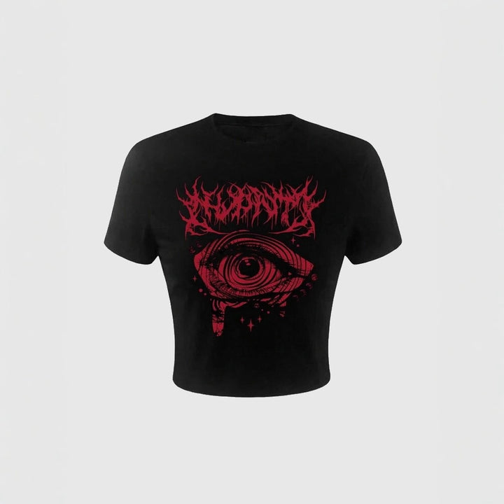 Dame Crop-T-Shirt med kunstnerisk grafikdesign og iøjnefaldende statementtryk Skovae